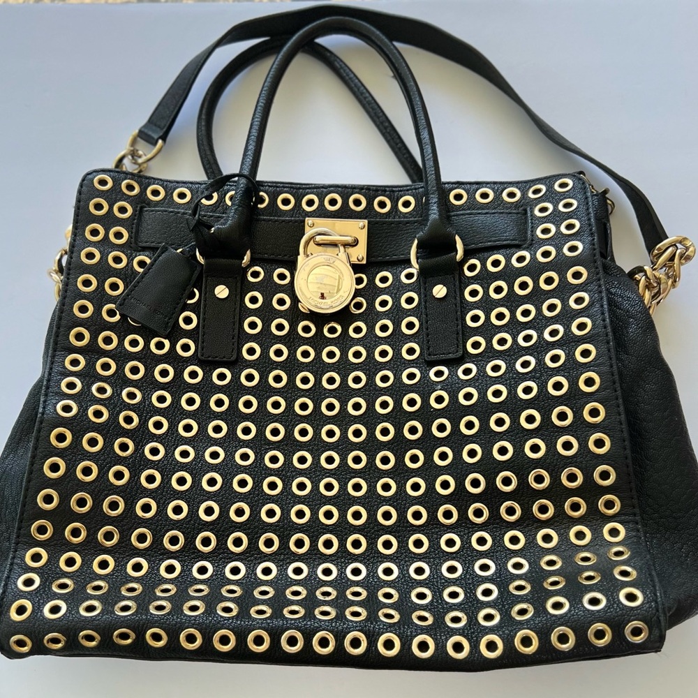 MICHAEL KORS large Black Leather Shoulder Tote Bag with gold tone Details